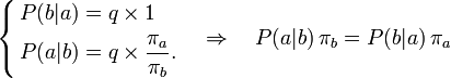 \left\{\begin{align}P(b|a) &= q \times 1 \\ P(a|b) &= q \times \frac{\pi_a}{\pi_b}.\end{align}\right. \quad \Rightarrow \quad P(a|b) \,\pi_b = P(b|a)\, \pi_a