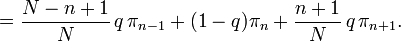 = \frac{N-n+1}{N} \,q\, \pi_{n-1} + (1-q) \pi_n + \frac{n+1}{N}\,q\, \pi_{n+1}.